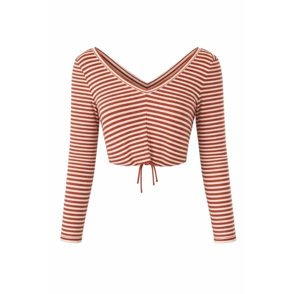 Rust Stripe Tie Back V Neck Crop Top Large Y2K Long Sleeve NWT